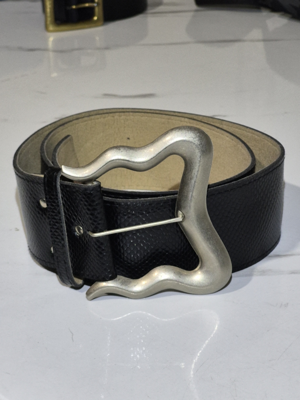 Black Textured Leather Belt with Sculptural Silver-Tone Wavy Buckle